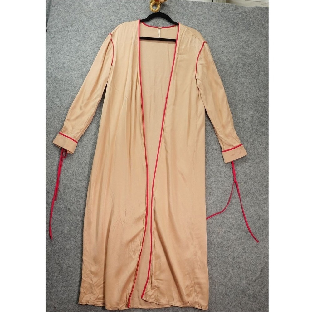 Lagenlook Duster Robe FREE PEOPLE Women SMALL Beige Satin Boho Maxi Pajama Party